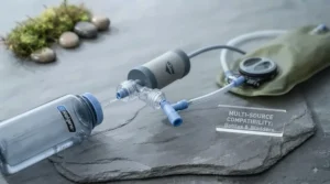 Lightweight and compact pump water filter for camping packed next to hiking gear for a weekend backpacking adventure in the UK.