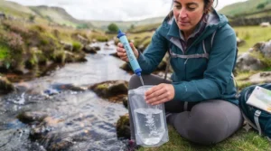A backpacker filling a collapsible pouch with a portable water filter near a clear loch in the Scottish Highlands.