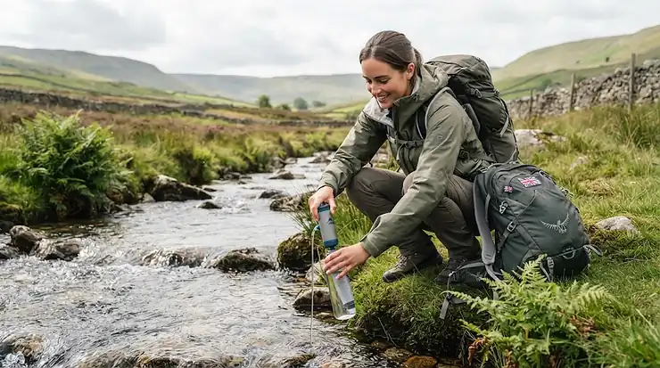 Compact pump water filter for camping being used to purify fresh stream water during a hike in the British countryside. pump water filter for camping