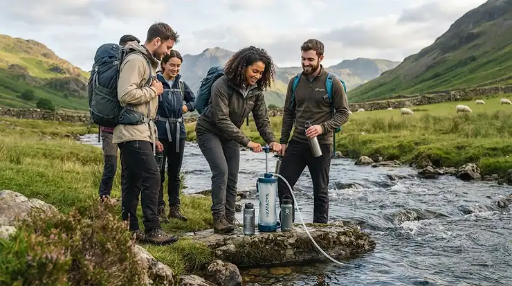 A reliable pump water filter for group expeditions being used by hikers near a clear stream in the British countryside. pump water filter for group expeditions