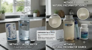 Infographic comparing emergency water purification methods for UK tap and natural freshwater sources.