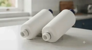 Close-up of ceramic carbon filter candles used inside a high-capacity gravity water filter to remove impurities.
