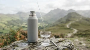 Reusable eco-friendly filter bottle for backpacking used on a multi-day trek.