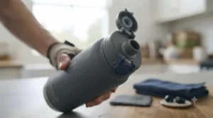 Eco-friendly reusable leak-proof sports bottle being refilled from a tap in a modern British kitchen.