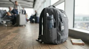 An eco-conscious traveller holding a stylish filtered water bottle outside a historic British landmark, highlighting single-use plastic reduction.