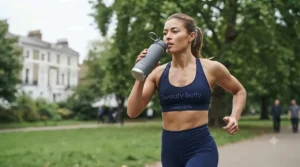 Female runner hydrating with the lightweight leak-proof sports bottle during a morning jog through a London park.
