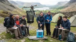 Group of campers using a portable gravity water filter during an outdoor expedition in the countryside.