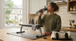 Runner using an affordable sports water filter bottle during an outdoor workout in the UK.