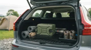 Compact water carrier for camping packed securely inside a car boot.
