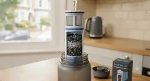 Close-up of a carbon filter removing impurities from British tap water inside a budget-friendly bottle.