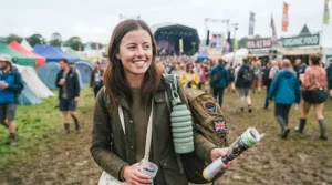 A compact collapsible water bottle clipped onto a backpack at a UK music festival.