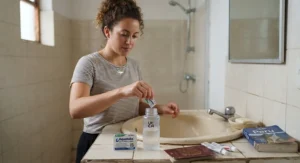 A tourist at a hostel sink using water purification tablets to treat local tap water abroad safely.