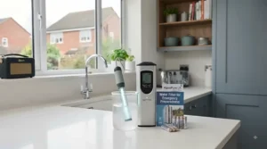 Battery-operated UV water purifier used to sterilise water during an unexpected mains water supply disruption.