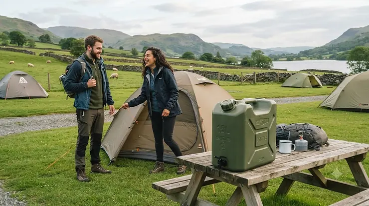 A durable water carrier for camping filled at a British campsite tap, ready for outdoor use. water carrier for camping
