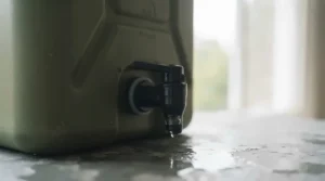 Close-up of an easy-pour tap on a heavy-duty water carrier for camping.