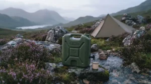 Rugged water carrier for camping set up at an off-grid wild camp in the countryside.