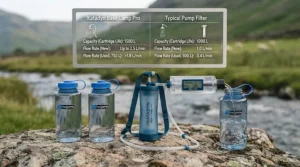 Comparison chart showing the flow rate and purification capacity of a pump water filter for group expeditions.