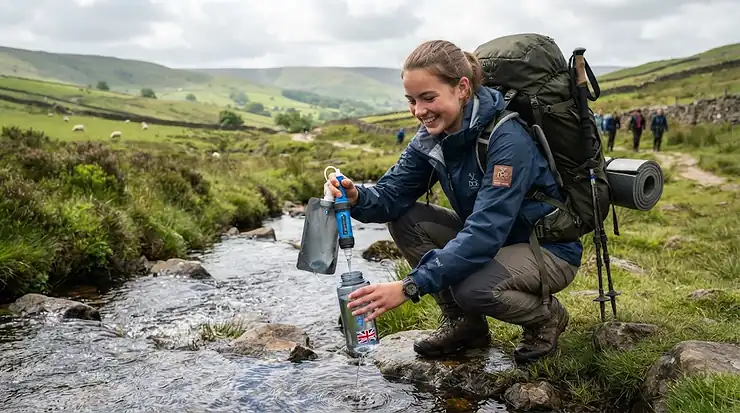 A teenager filling a water bottle from a stream using a portable water filter during a Duke of Edinburgh expedition in the British countryside. water filter for Duke of Edinburgh expedition