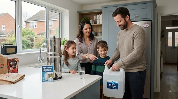 A reliable water filter for emergency preparedness set up in a British kitchen, ensuring safe drinking water during a utility outage. water filter for emergency preparedness