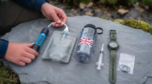 Infographic explaining the difference between microbiological water filters and chemical water purifiers for outdoor camping.