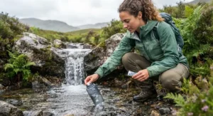 A backpacker filling a flask from a stream in the British countryside while preparing to use water purification tablets.
