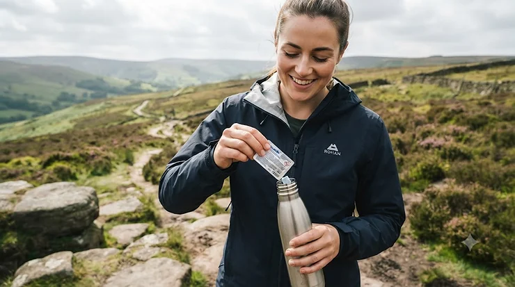 A box of water purification tablets next to a reusable water bottle on a trail map, essential gear for hiking and camping trips. water purification tablets for travel