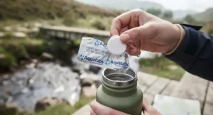 Expiry date printed clearly on the back of a foil strip of water purification tablets.