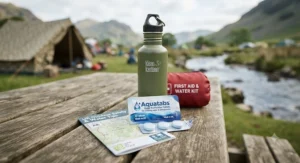 Traveller packing water purification tablets into a rucksack alongside British camping equipment.