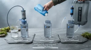 Using a durable pump water filter for camping during chilly weather conditions in the British uplands.