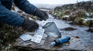 A participant keeping a portable water filter inside a jacket pocket to prevent freezing during a winter DofE training walk.