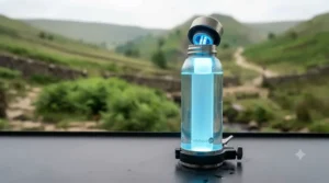 A portable UV water purifier neatly packed alongside a travel mug and water-resistant pouch inside an open rucksack.