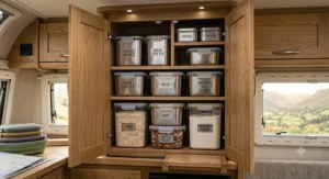 Airtight containers and tins storing tea bags, pasta, and oats on a camper van pantry shelf.