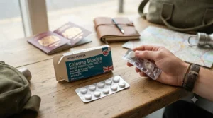 Traveller holding a strip of water purification tablets with a passport and rucksack in the background.