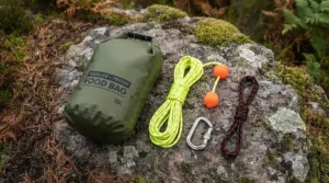 A durable bear bag for backpacking hung securely from a sturdy branch in a British woodland for wild camping food storage