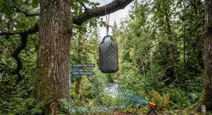 Close-up of a secure hitch knot and locking carabiner attached to a lightweight bear bag line.