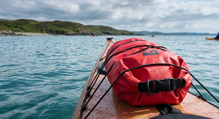 Waterproof red dry bag for kayaking strapped down securely to the front deck of a touring kayak on a calm Scottish loch. dry bag for kayaking