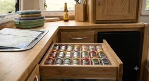 Clear square food storage containers arranged efficiently inside a 12v camper van fridge.