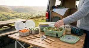 Prepped lunch meals in compartmented food storage containers set out on a folding camp table outdoors.