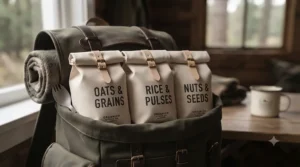 A compact food storage sack under £15 packed inside a rucksack for a UK weekend camping trip.
