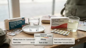 Side-by-side comparison showing chlorine dioxide water treatment tablets compared to standard chlorine alternatives.