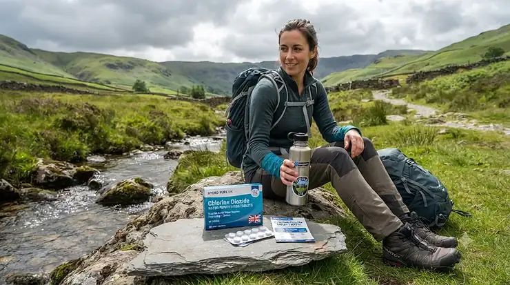 A box of chlorine dioxide water purification tablets next to a reusable flask of clean drinking water for hiking in the UK. chlorine dioxide water tablets