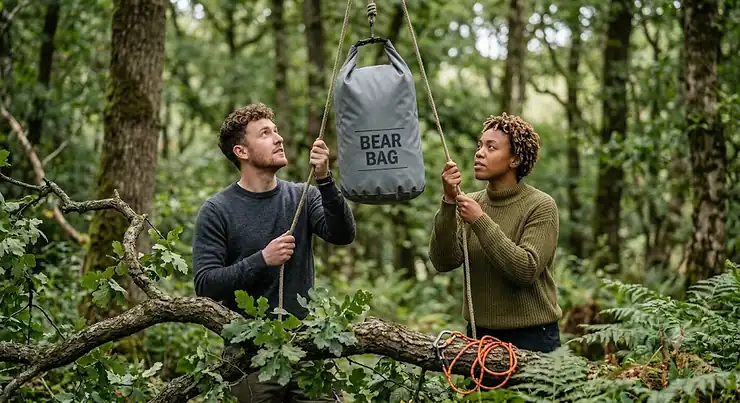 Illustration illustrating proper tree branch distance for hanging a bear bag safely away from tree trunks and the ground. bear bag kit under £30