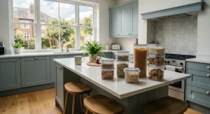 Tall budget plastic cereal dispensers with locking lids storing porridge oats and flakes on a pantry shelf.