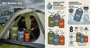 A set of red, blue, and yellow dry bags demonstrating kit organisation for food, clothes, and emergency gear.
