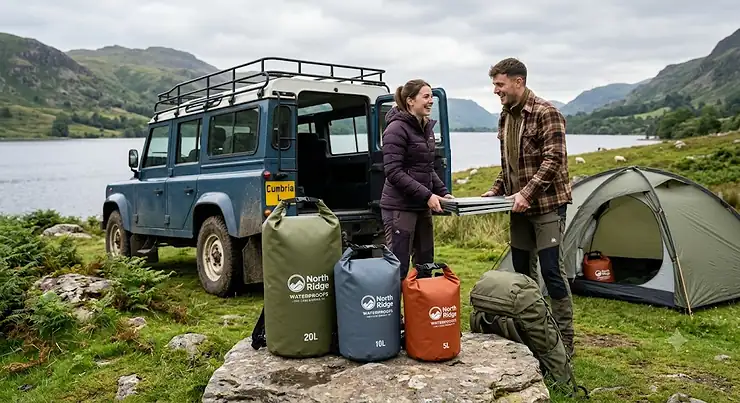 A complete dry bag set for camping displayed beside a packed rucksack on a wet trail in the Lake District. dry bag set for camping