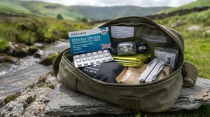 Emergency grab bag containing water purification tablets, a torch, and a first aid kit for UK households.