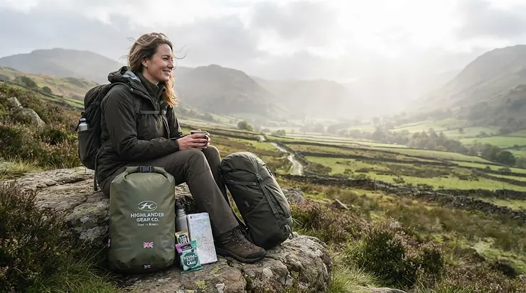 Waterproof food sack for backpacking packed with trail snacks on a British hiking trail. food sack for backpacking