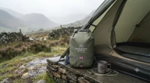 Reliable food sack for backpacking resting on a tent porch during a misty wild camping trip in the UK.