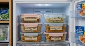 Close-up of batch-cooked meals neatly organised inside a freezer using stackable food storage containers labelled with dates and dish names.