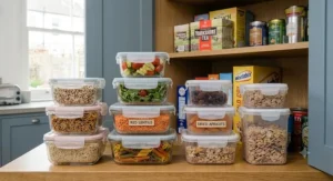 A side-by-side array of glass and clear plastic stackable food storage containers filled with dry grains, pasta, and snacks placed in front of a pantry stocked with British food brands.